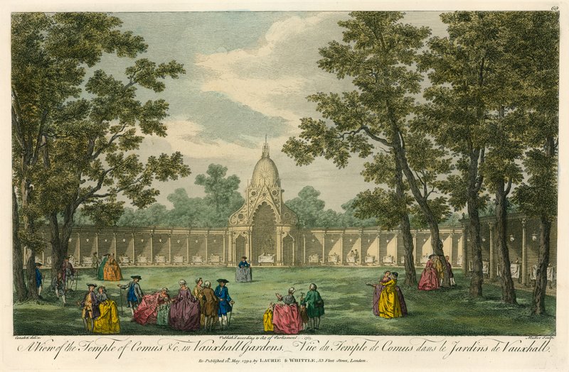 En utsikt over Temple of Comus i Vauxhall Gardens, London av English School