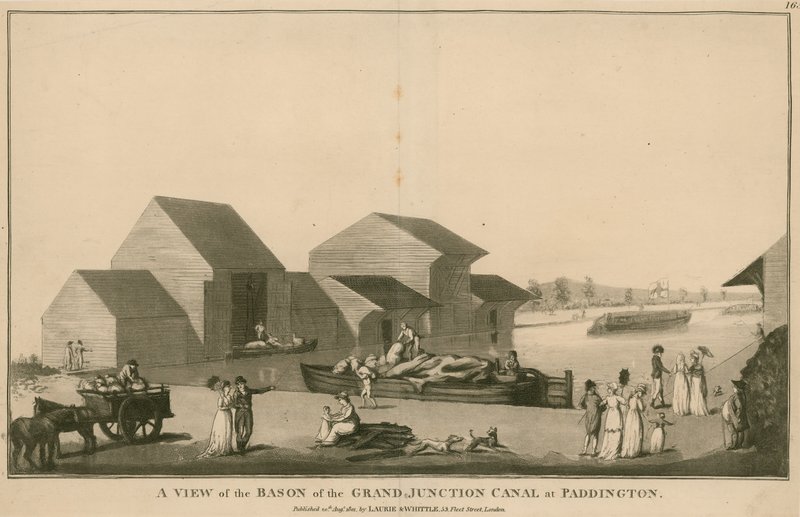 Utsikt over bassenget til Grand Junction Canal i Paddington, London av English School