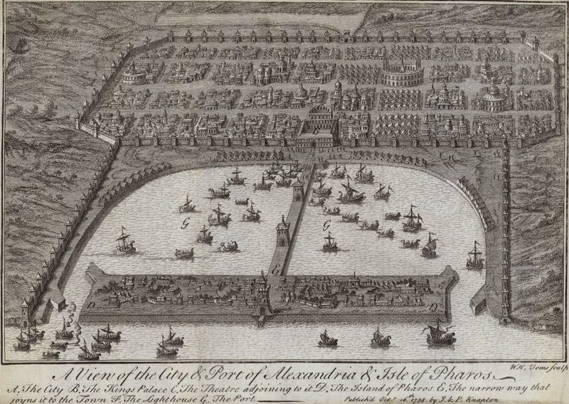 En utsikt over byen og havnen i Alexandria og Isle of Pharos, Egypt, 1738 av English School