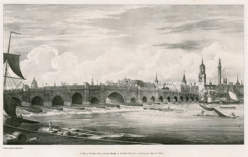 En utsikt over østsiden av London Bridge i år 1827 av English School