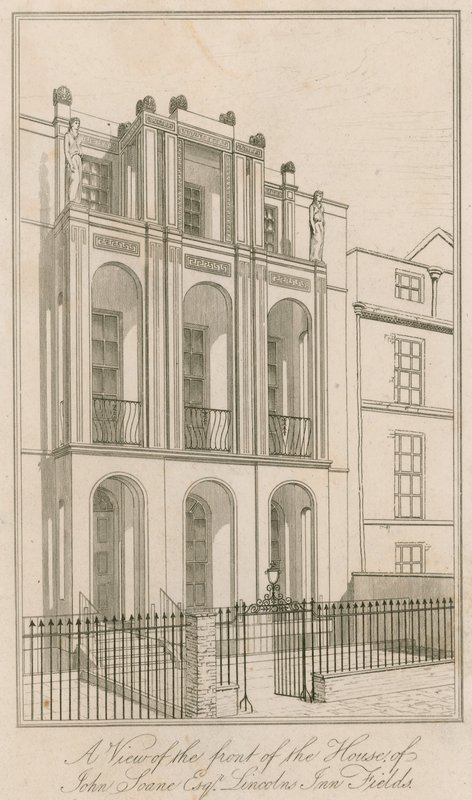 En utsikt over forsiden av huset til John Soane Esq, Lincolns Inn Fields, London av English School