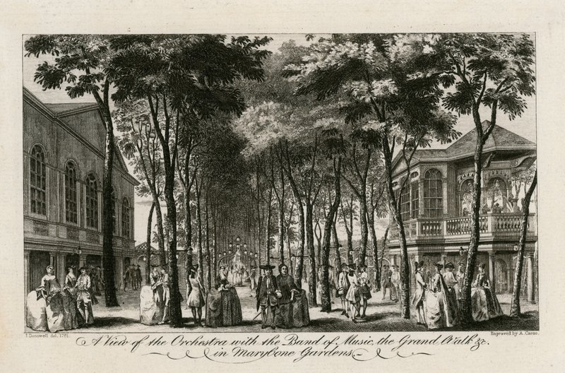 Utsikt over orkesteret med musikkbandet, Grand Walk etc i Marylebone Gardens av English School