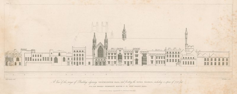 En utsikt over rekkevidden av bygningen ved siden av Westminster Hall og foran Themsen av English School