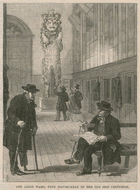 Et besøk til Greenwich Hospital; Anson Ward, med galjonsfigur av det gamle skipet Centurion av English School