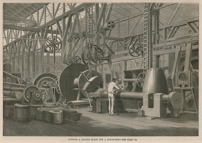 Et besøk til Penns Marine Engine Factory i Greenwich, London; Snuing av en padleaksel for et dampskip av English School