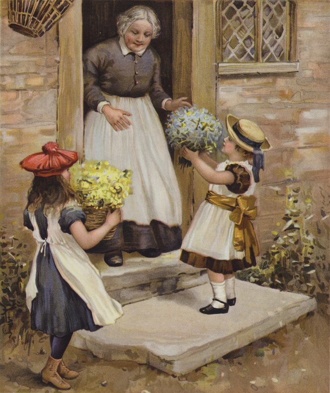En kvinne ser på mens to unge jenter gir henne blomster av English School