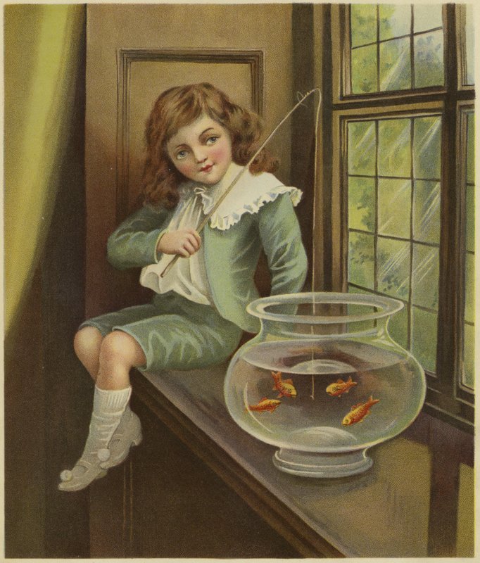 En ung gutt dingler en fiskestang i en bolle med gullfisk av English School