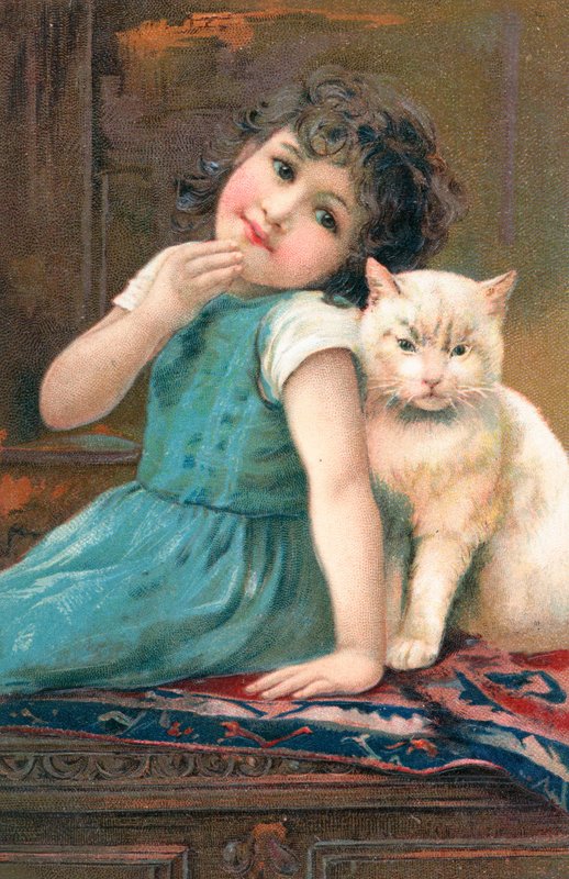 En ung jente poserer med en katt av English School