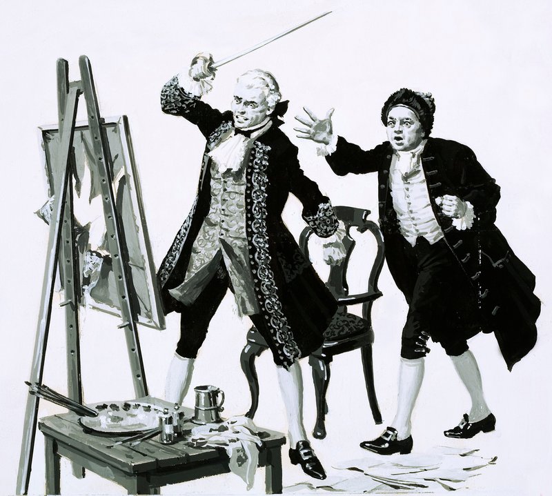 En ung mann kuttet et lite flatterende portrett av sin far av Hogarth med et sverd (gouache på papir) av English School