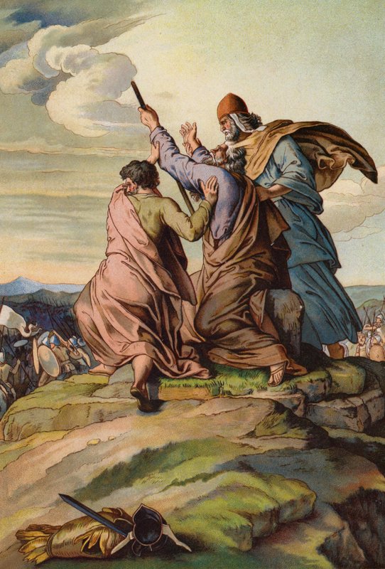 Aron og Hur holder opp hendene til Moses mens Josva og israelittene beseirer amalekittene (chromolitho) av English School
