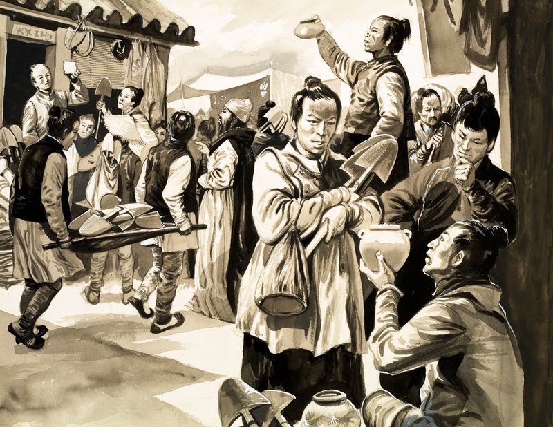 For rundt tusen år siden i Kina forhandlet kunder med kjøpmenn om varer og betalte i spar (gouache på papir) av English School