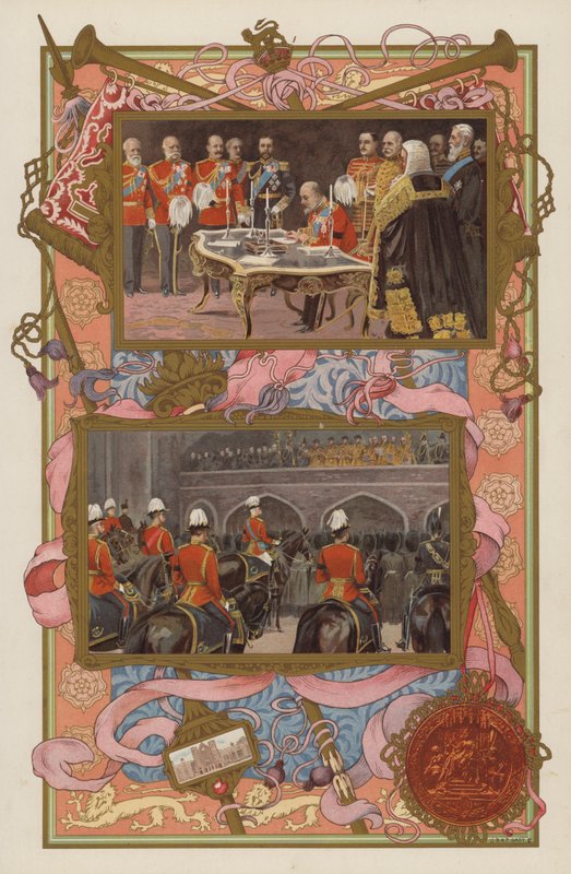 Tiltredelse av kong Edward VII: signering av proklamasjonen; proklamasjonen som blir gjort (farge litho) av English School