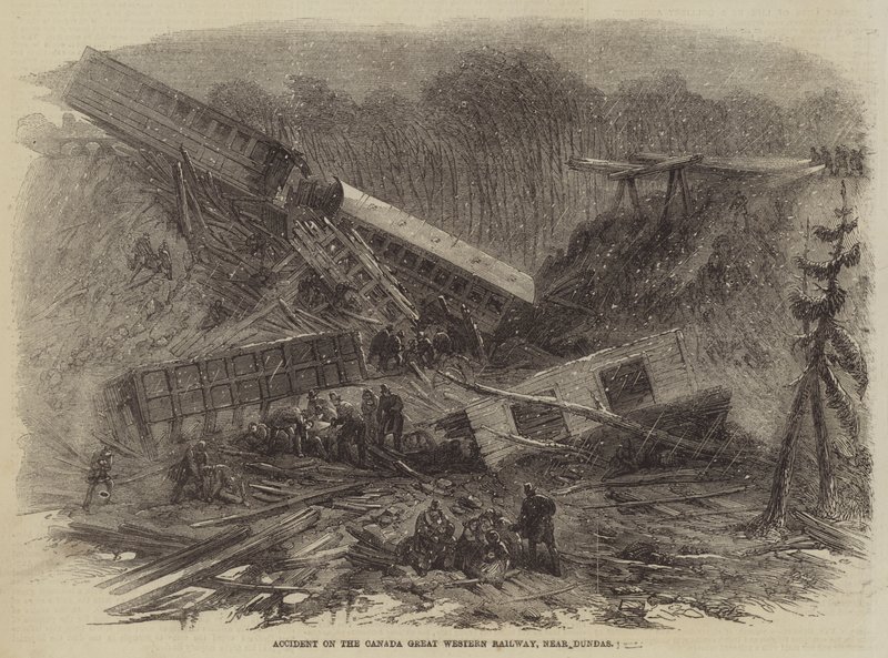 Ulykke på Canada Great Western Railway, nær Dundas (gravering) av English School