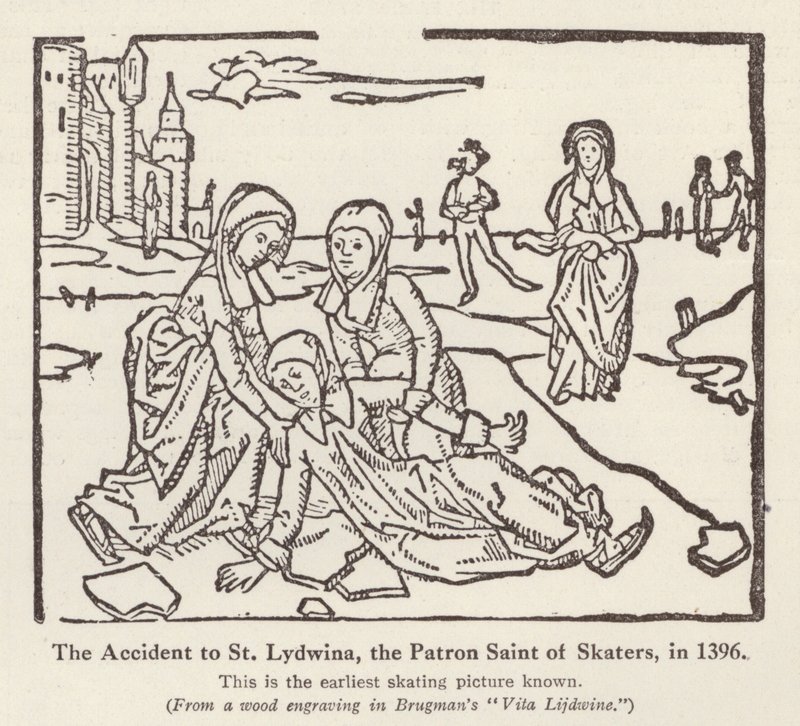 Ulykke med St Lydwina, skytshelgen for skatere, i 1396 (litho) av English School