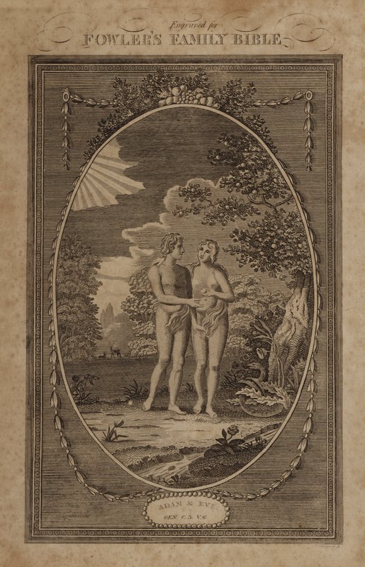 Adam og Eva, 1. Mosebok, kapittel 3, vers 6 (gravering) av English School
