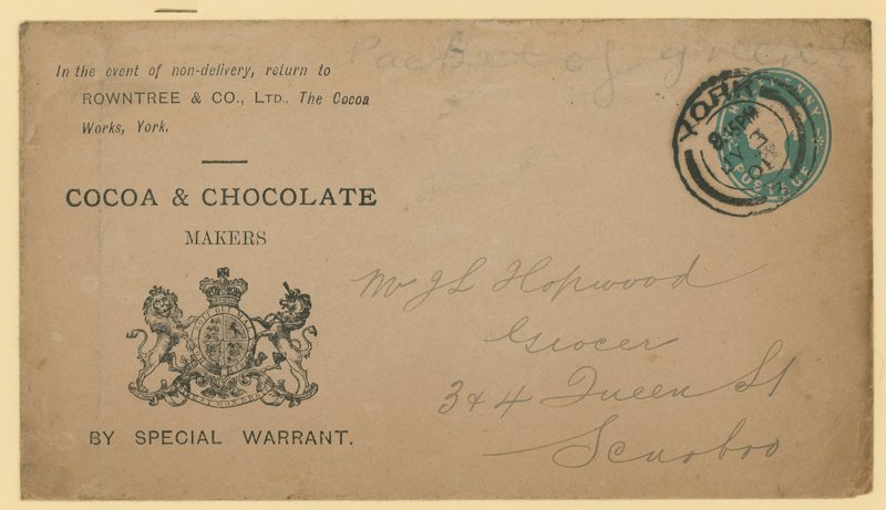 Adresseetikett fra Rowntree & Co, The Cocoa Works, York av English School