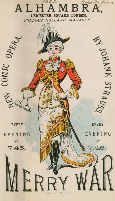 Annonse for The Alhambra, Leicester Square, London, for Merry War, en ny komisk opera av Johann Strauss av English School