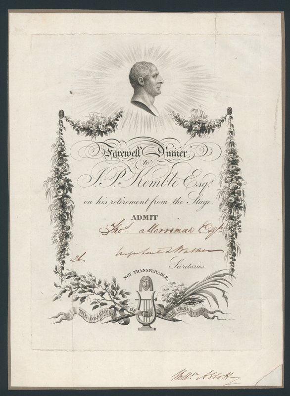 Adgangsbillett til middag for å feire John Kembles farvel til scenen, 1819 av English School