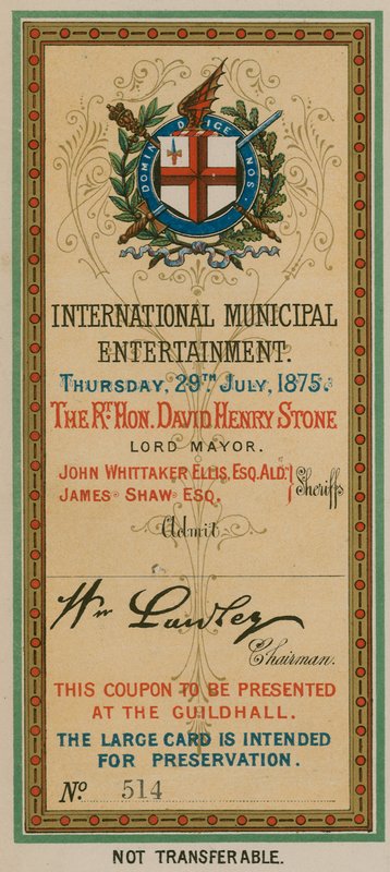 Inngangsbillett til International Municipal Entertainment i Guildhall, London, 29. juli 1875 av English School