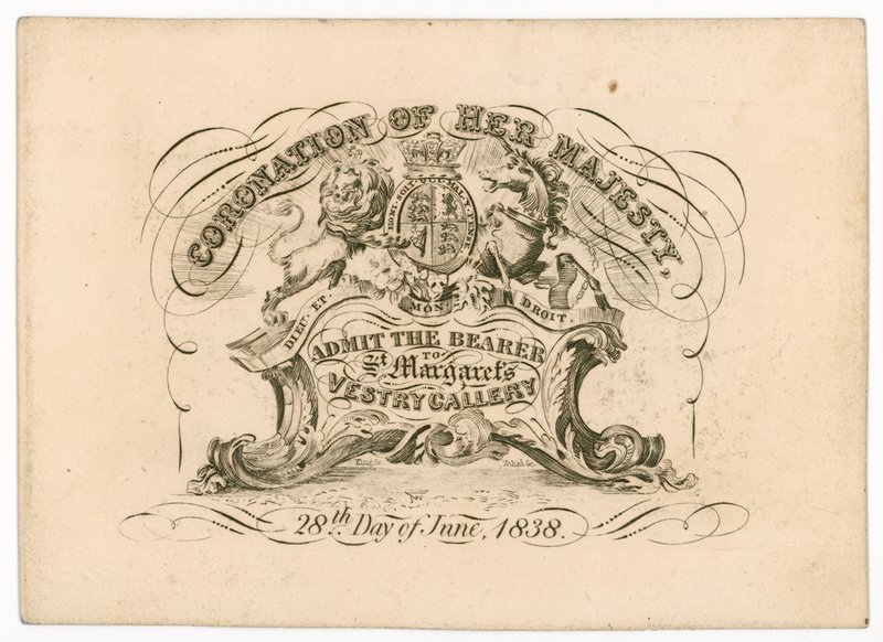 Adgangsbillett til St Margarets Vestry Gallery, for kroningen av dronning Victoria, 28. juni 1838, foran av English School