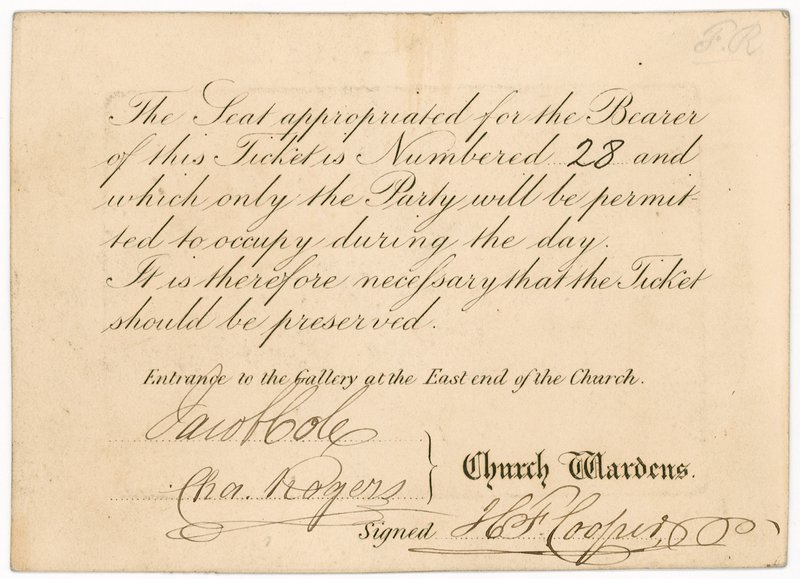 Adgangsbillett til St Margarets Vestry Gallery, for kroningen av dronning Victoria, 28. juni 1838, omvendt av English School