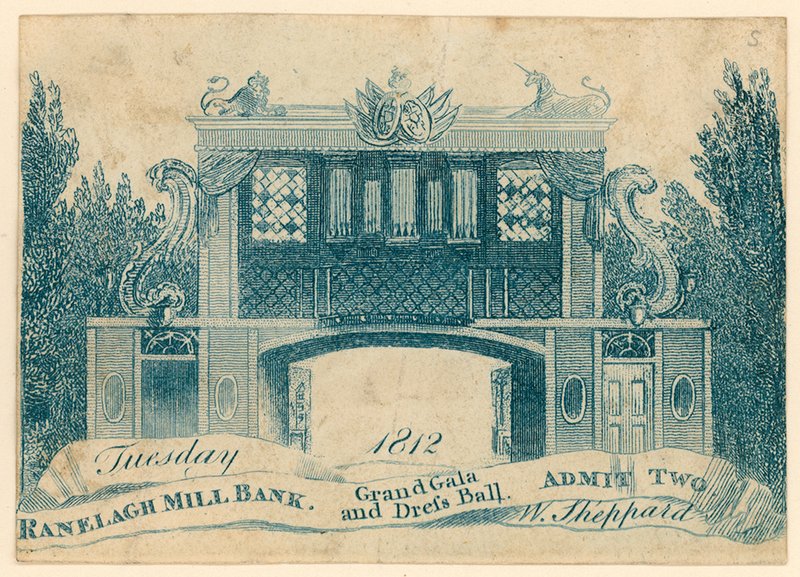 Adgangsbillett til en storslått galla og dressball i Ranelagh Gardens, Millbank, London. 1812 av English School