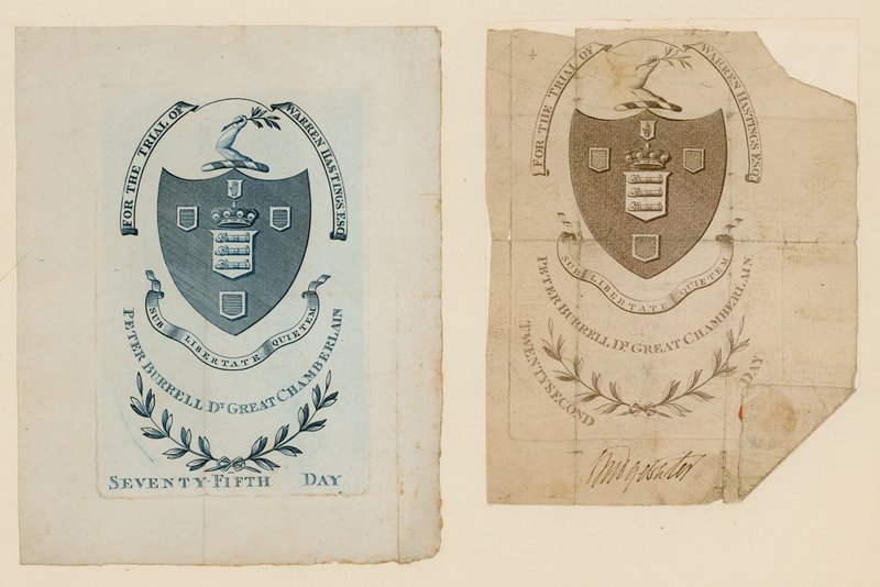 Inngangsbilletter til rettssaken til Warren Hastings av English School
