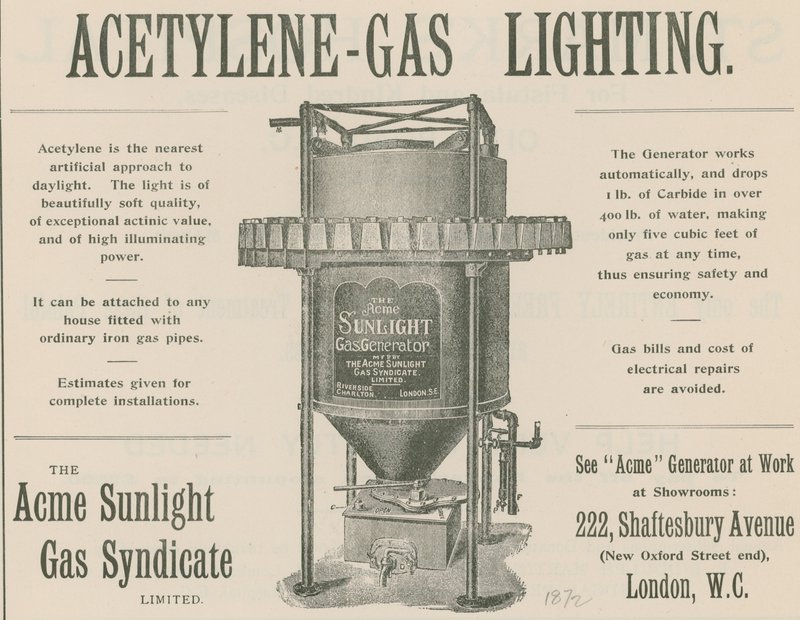 Annonse for acetylen-gassbelysning av English School