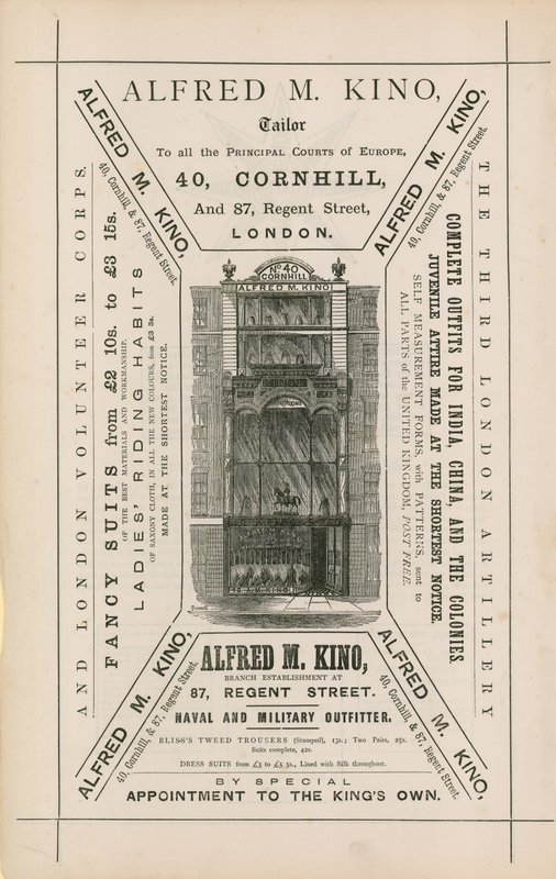 Annonse for Alfred M Kino, skredder, 40 Cornhill og 87 Regent Street, London av English School