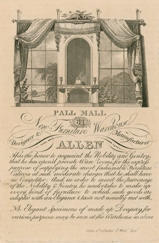 Annonse for Allens nye møbellager, 61 Pall Mall, London av English School