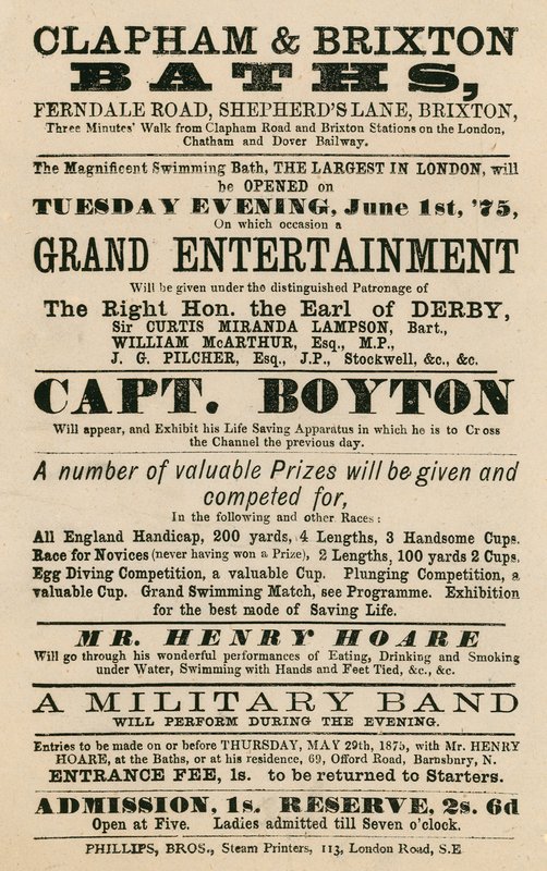 Annonse for Clapham og Brixton Baths, Ferndale Road, Shepherds Lane, Brixton, London; med kaptein Boyton av English School