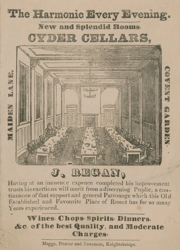 Annonse for Cyder Cellars, Maiden Lane, Covent Garden av English School