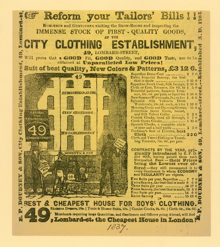 Annonse for Doudney & Son, City Clothing Establishment, 49 Lombard Street, London av English School