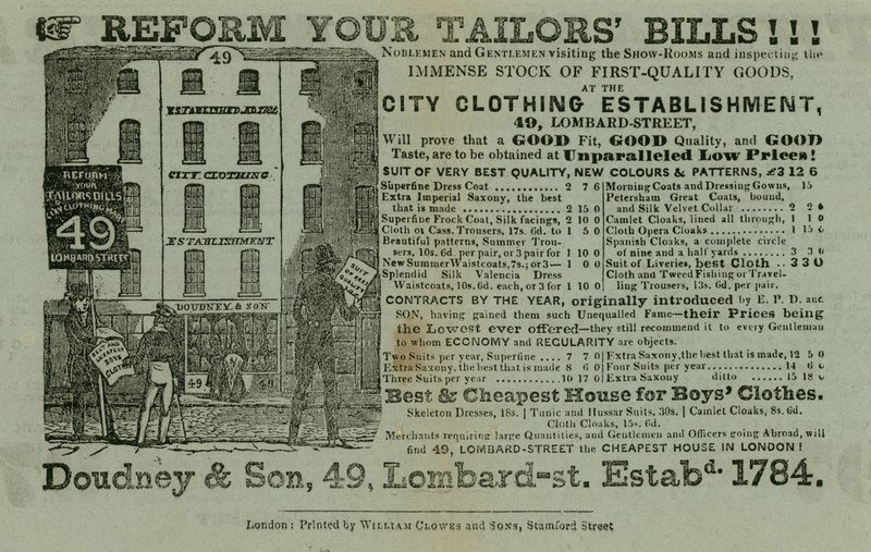 Annonse for Doudney & Son, City klesfirma, 49 Lombard Street, London av English School