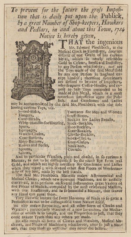 Annonse for Edward Pinchbeck, Musical Clock, Fleet Street, London, fra 1734 av English School