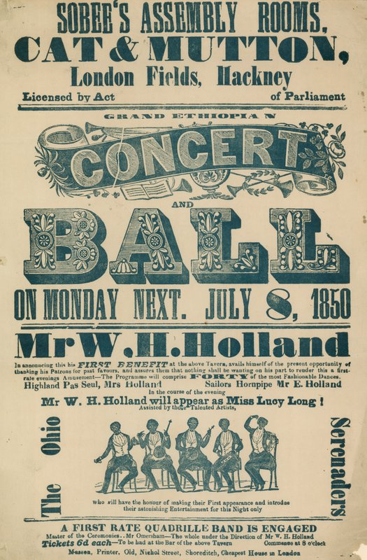 Annonse for Grand Ethiopian Concert and Ball, 8. juli 1850, i Sobees Assembly Rooms av English School