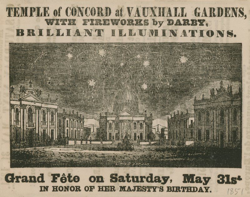 Annonse for Grand Fete ved Temple of Concord, Vauxhall Gardens av English School