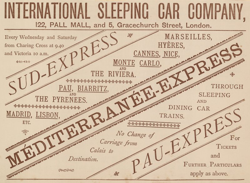 Annonse for International Sleeping Car Company, 122 Pall Mall og 5 Graceshurch Street, 1888 av English School