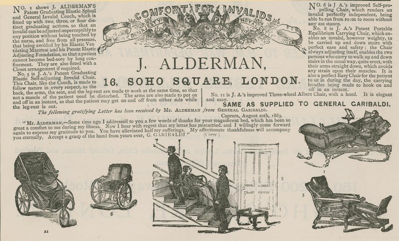 Annonse for J Alderman, produsent av invalidevogner (gravering) av English School