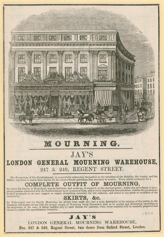 Annonse for Jays, London General Mourning Warehouse, 247 & 249 Regent Street, London av English School