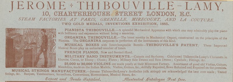 Annonse for Jerome Thibouville-Lamy, 10 Charterhouse Street, London, instrumentmaker av English School