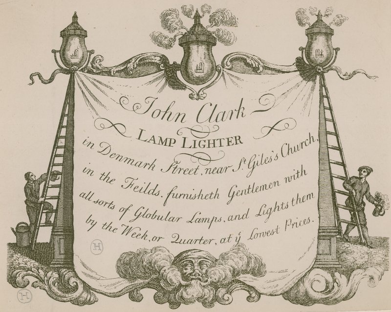 Annonse for John Clarke, lampetenner, Denmark Street, London av English School