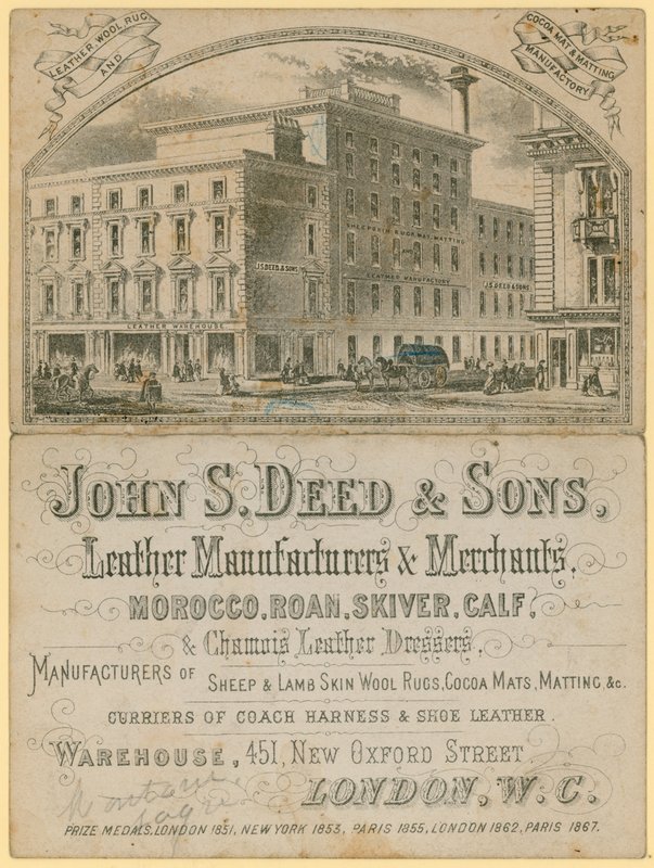 Annonse for John S Deed & Sons, lærprodusenter og -handlere, 451 New Oxford Street, London av English School