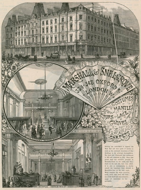 Annonse for Marshall & Snelgrove, Silk Mercers, Lacemen, Hosiers, of Vere Street, Oxford Street, London av English School
