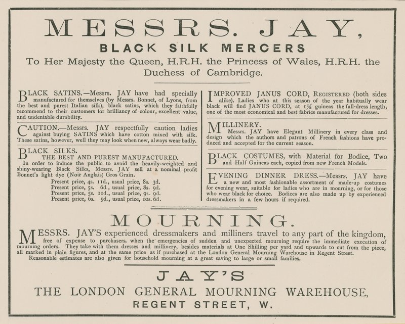 Annonse for Mrs Jay, London General Mourning Warehouse, Regent Street av English School
