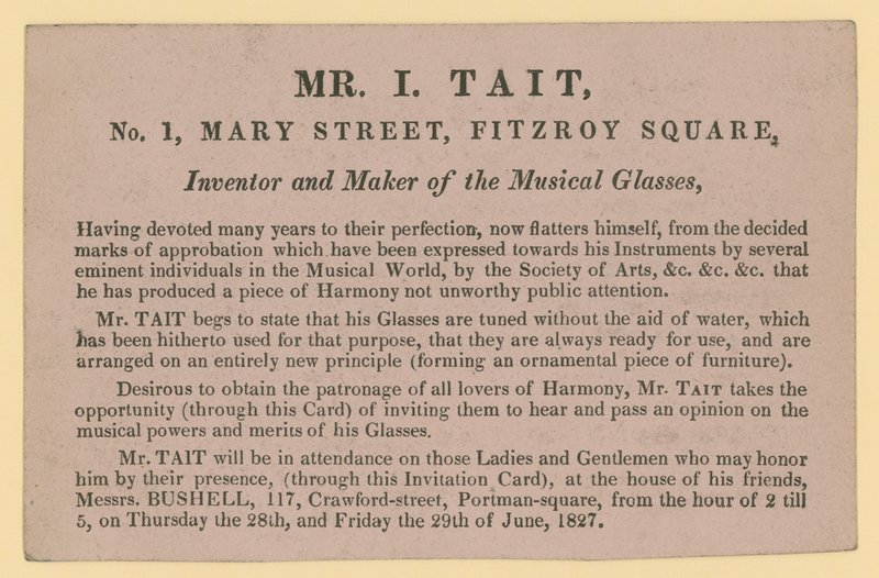 Annonse for Mr I Tait, oppfinner og produsent av de musikalske brillene av English School
