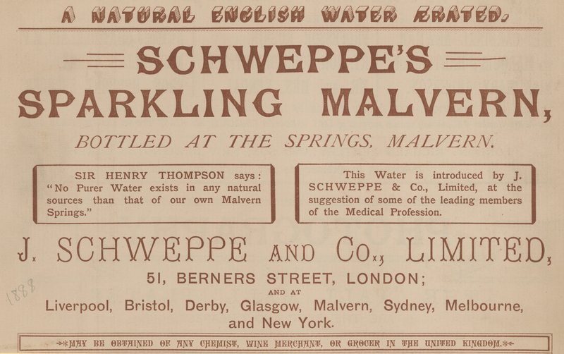 Annonse for Schweppes Sparkling Malvern, tappet på kildene, Malvern av English School