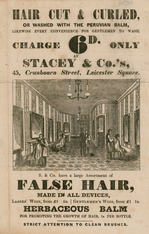 Annonse for Stacey & Co.s, 45 Cranbourne Street, Leicester Square, London, frisører av English School