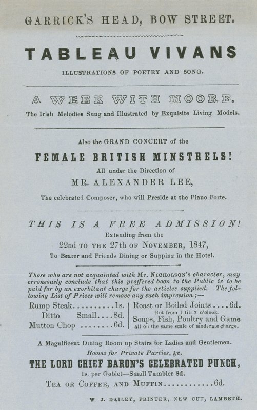 Annonse for Tableau Vivans, illustrasjoner av poesi og sang, Garricks Head, Bow Street, London av English School