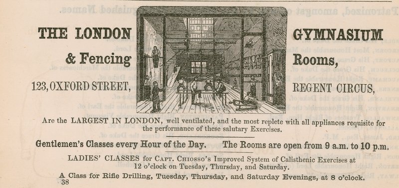 Annonse for London Gymnasium & Fencing Rooms, 123 Oxford Street, Regent Circus av English School